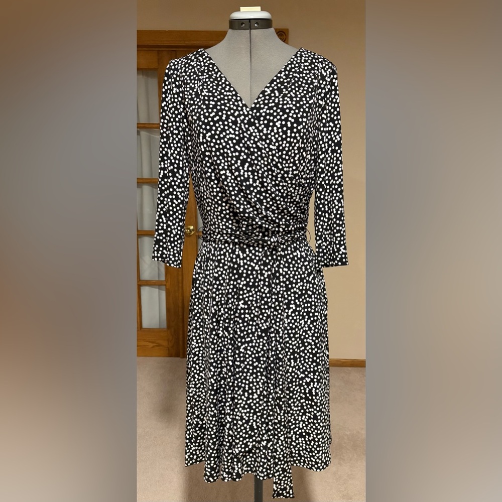 White House Black Market Black and White Polka Dot Midi Wrap Dress